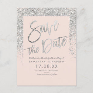Silver glitter script rosa spara datum meddelande vykort