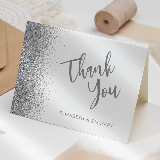 Silver Glitter Script Vit Bröllop Tack Kort (Skapare uppladdad)