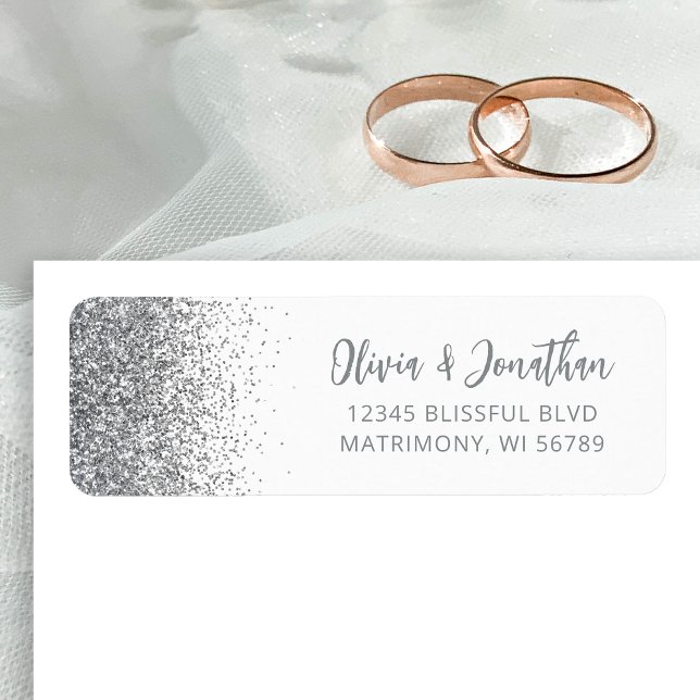 Silver Glitter Script Vit Bröllopsreturadress Returadress Etikett (Skapare uppladdad)
