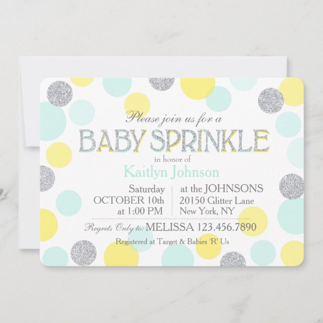 Silver Glitter Seafoam Gult Dots Baby Sprinkle Inbjudningar (Framsida)