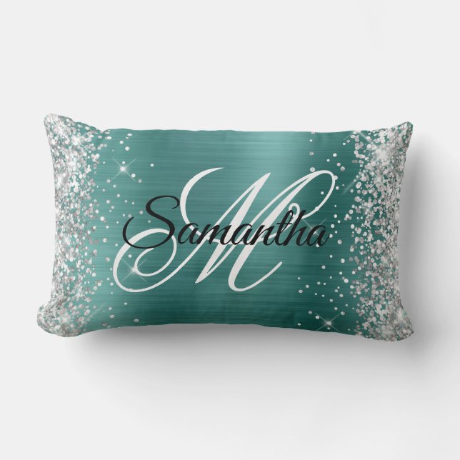Silver Glitter Shiny Aqua Teal Foil Finare Monogra Lumbarkudde (Framsida)