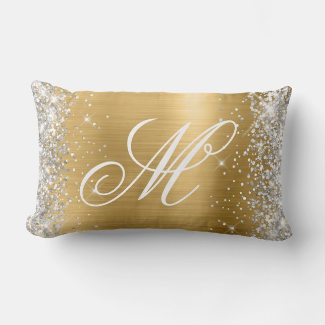 Silver Glitter Shiny Gold Foil Finare Monogrammed Lumbarkudde (Framsida)