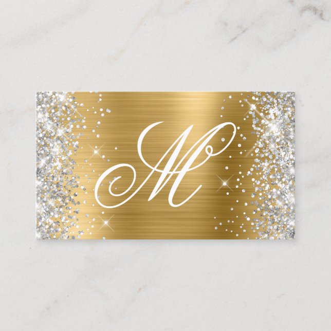 Silver Glitter Shiny Guld Folie Snygg Monogram Visitkort (Framsida)