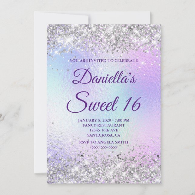 Silver Glitter Shiny Iridescent Foil Sweet 16 Inbjudningar (Framsida)