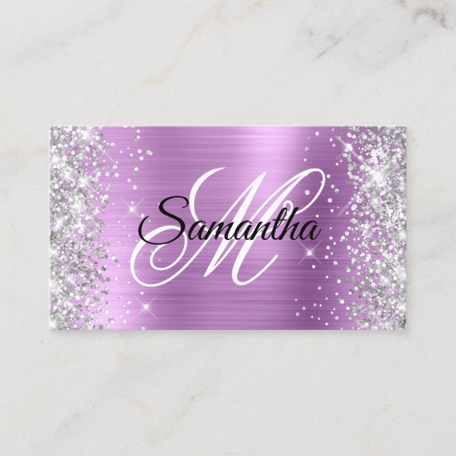 Silver Glitter Shiny Lavender Folie Fancy Monogram Visitkort (Framsida)