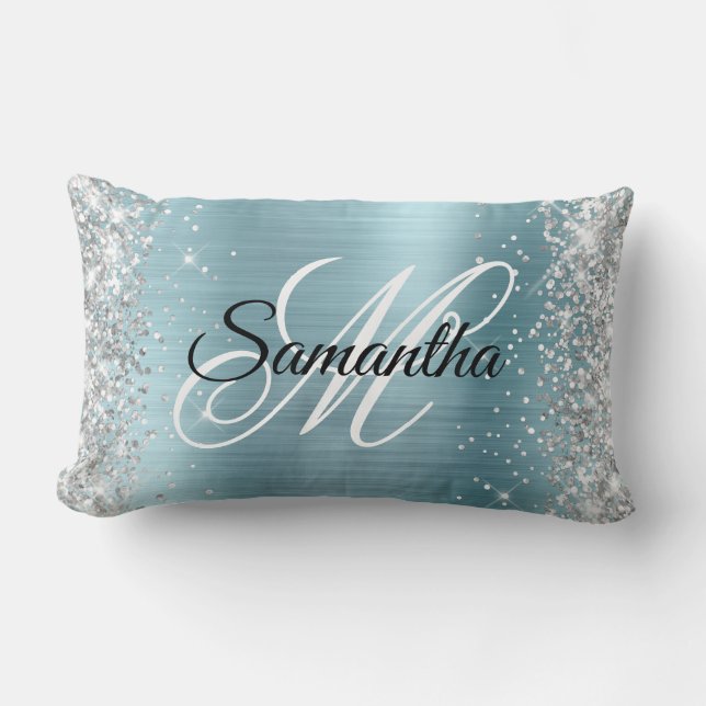 Silver Glitter Shiny Light Blue Foil Monogram Lumbarkudde (Framsida)