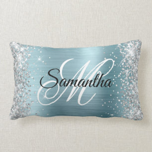 Silver Glitter Shiny Light Blue Foil Monogram Lumbarkudde