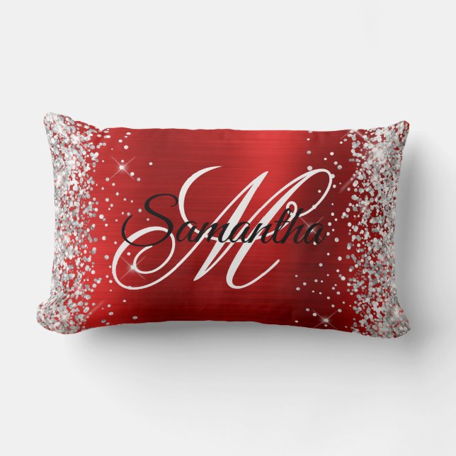 Silver Glitter Shiny Red Foil Finare Monogram Lumbarkudde (Framsida)