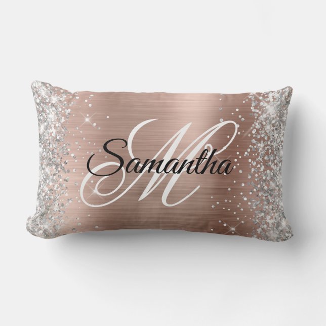 Silver Glitter Shiny Ro, guldfärgad eldmonogram Lumbarkudde (Framsida)