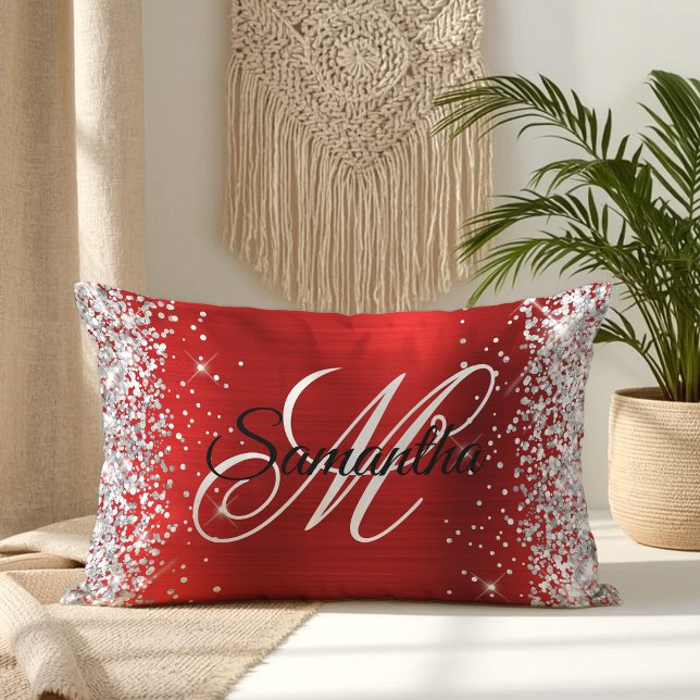 Silver Glitter Shiny Röd Folie Fancy Monogram Lumbarkudde (Silver Glitter Shiny Red Foil Fancy Monogram Lumbar Pillow)