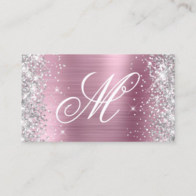 Silver Glitter Shiny Rosa Foil Finare Monogrammad Visitkort (Framsida)