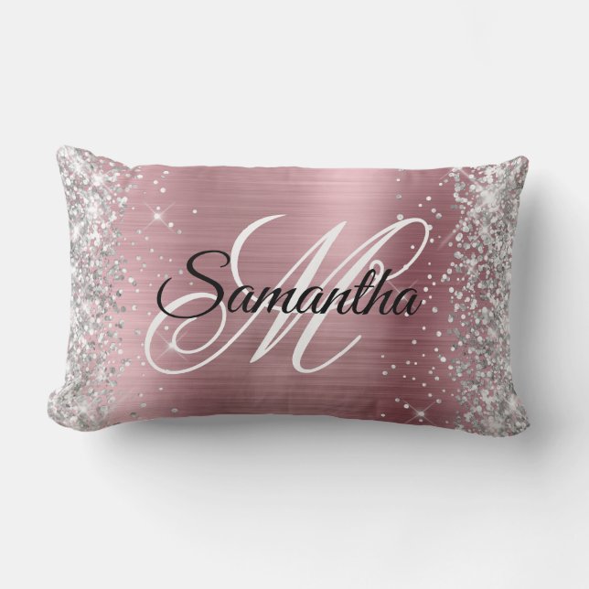 Silver Glitter Shiny Rosa Foil Monogram Lumbarkudde (Framsida)