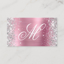 Silver Glitter Shiny Rosa Folie Fancy Monogram Visitkort