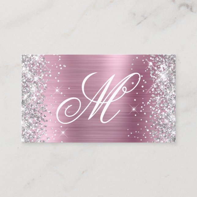 Silver Glitter Shiny Rosa Folie Fancy Monogram Visitkort (Framsida)