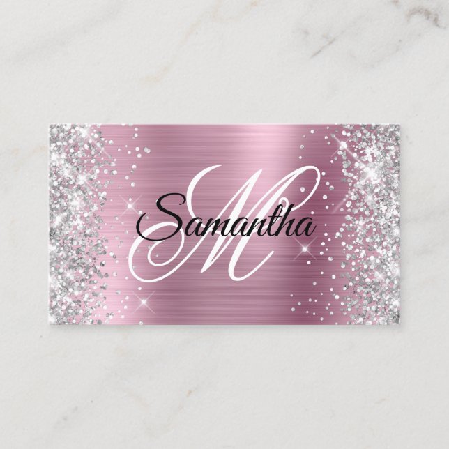 Silver Glitter Shiny Rosa Folie Fancy Monogram Visitkort (Framsida)