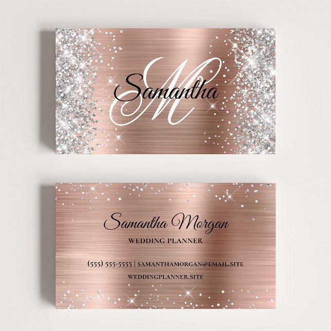 Silver Glitter Shiny Rose Gold Folie Fancy Monogra Visitkort (Silver Glitter Shiny Rose Gold Foil Fancy Monogram Business Card)