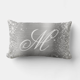 Silver Glitter Shiny Satin Foil Finare Monogrammed Lumbarkudde