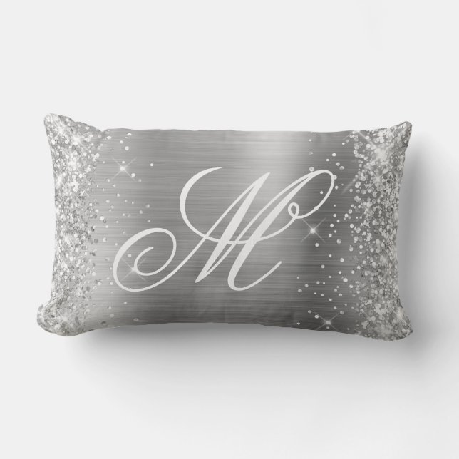 Silver Glitter Shiny Satin Foil Finare Monogrammed Lumbarkudde (Framsida)