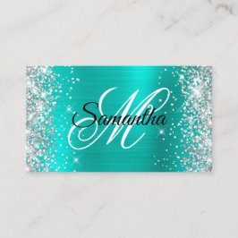Silver Glitter Shiny Turkos Folie Fancy Monogram Visitkort