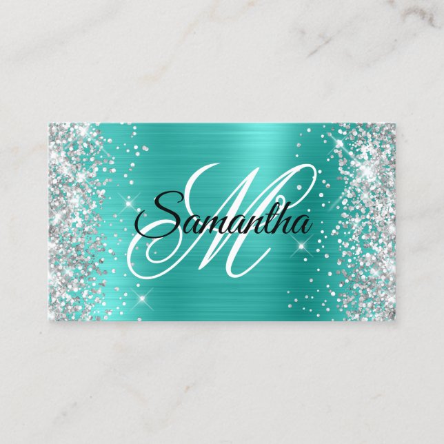 Silver Glitter Shiny Turkos Folie Fancy Monogram Visitkort (Framsida)