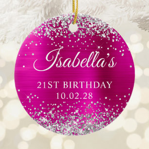 Silver Glitter Shock rosa Foil 21st Birthday Photo Julgransprydnad Keramik