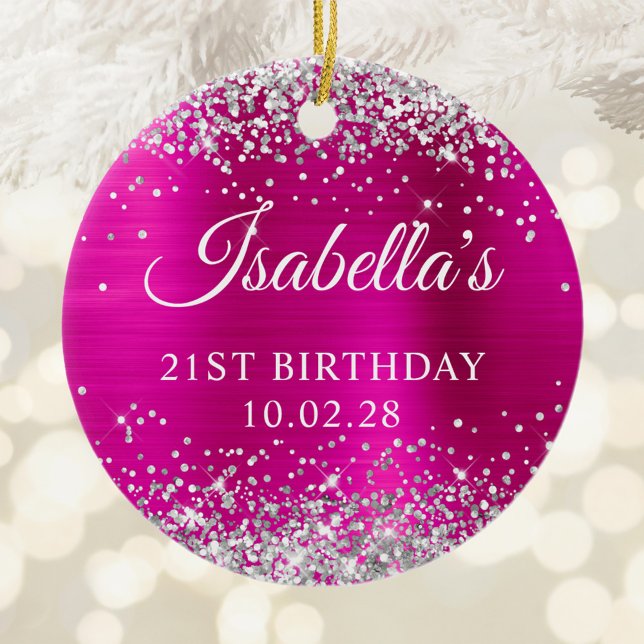 Silver Glitter Shock rosa Foil 21st Birthday Photo Julgransprydnad Keramik (Silver Glitter Hot Pink Foil 21st Birthday Photo Ceramic Ornament)
