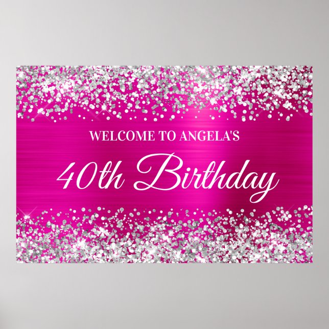Silver Glitter Shock rosa Foil 40th Birthday Välko Poster (Framsidan)