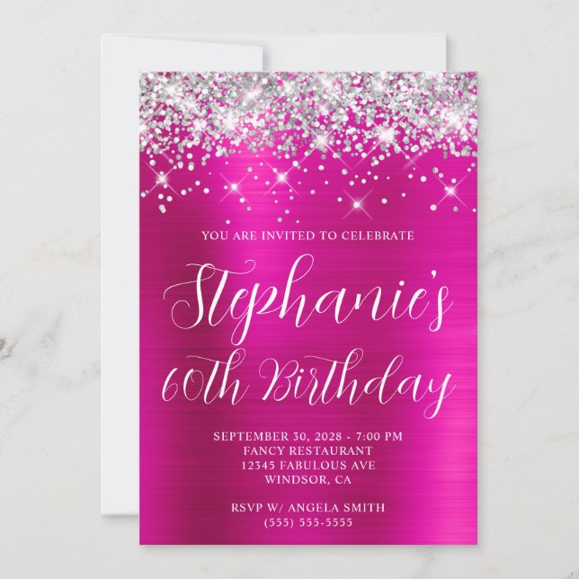 Silver Glitter Shock rosa Foil 60 Birthday Inbjudningar (Framsida)
