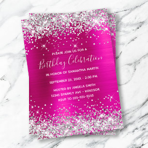 Silver Glitter Shock rosa Foil Birthday Firation Inbjudningar