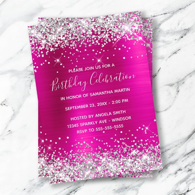 Silver Glitter Shock rosa Foil Birthday Firation Inbjudningar (Skapare uppladdad)