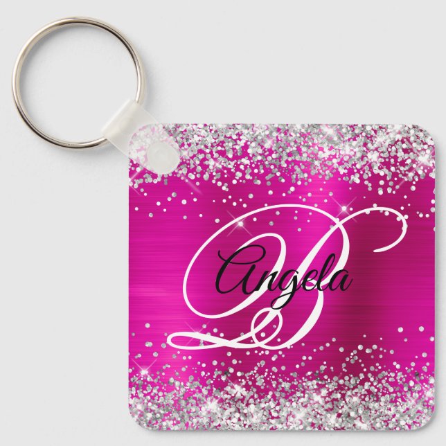 Silver Glitter Shock rosa Foil Finare Monogram Nyckelring (Framsida)