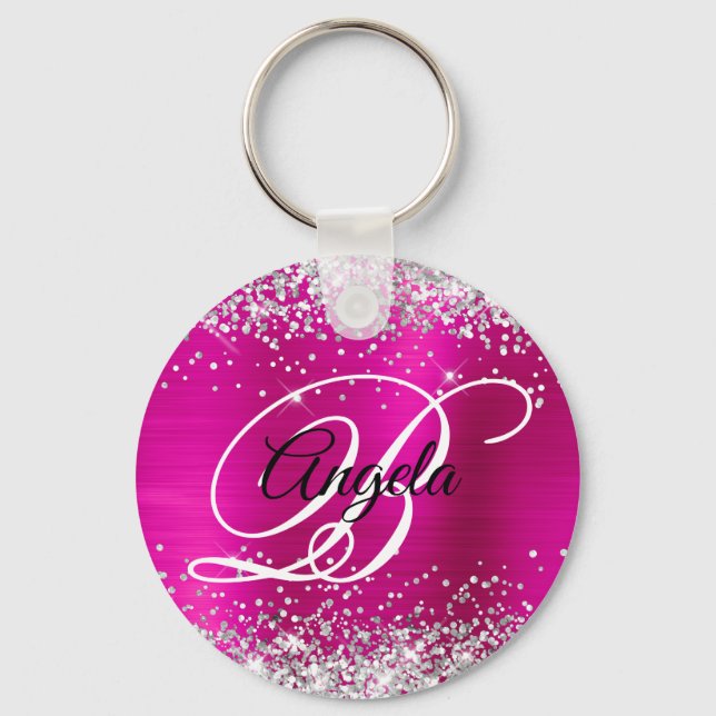 Silver Glitter Shock rosa Foil Finare Monogram Nyckelring (Framsida)