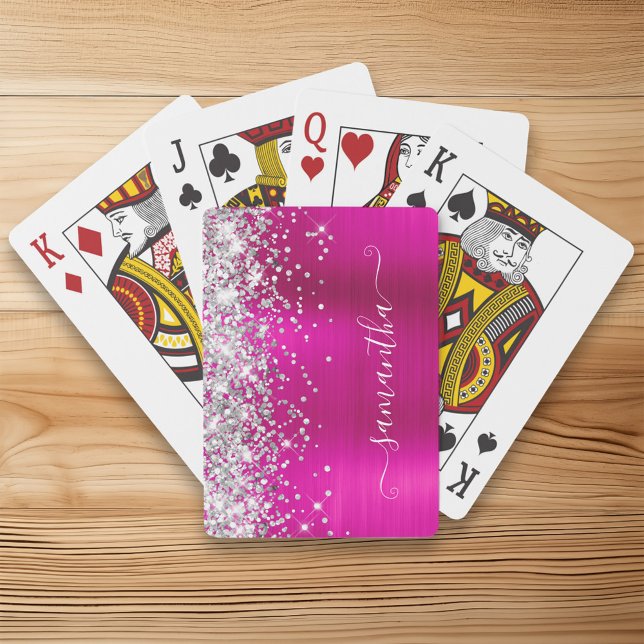 Silver Glitter Shock rosa Foil Girly Namnteckning Casinokort (Silver Glitter Hot Pink Foil Girly Signature Poker Cards)