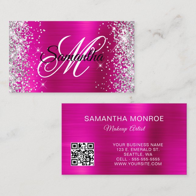 Silver Glitter Shock rosa Foil Monogram QR-kod Visitkort (Fram/baksida)