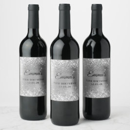 Silver Glitter Silvergrå Folie 75-årsdag Vinflaska Etikett