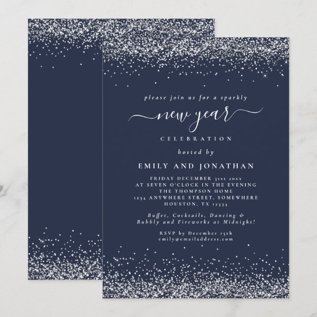 Silver Glitter, skript Blue Nyårsafton Party Inbjudningar (Fram/baksida)