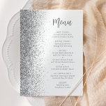 Silver Glitter skript Vit Bröllop Meny<br><div class="desc">Den moderna bröllop-menyn på den lämnat kant i eleganten har ett faux silver glitter gräns. Anpassadet kombinerar handskript för grått och sans serif-teckensnitt på en vit bakgrund. Den omvända sidan har en matchande vit- och silver-glitter-design.</div>