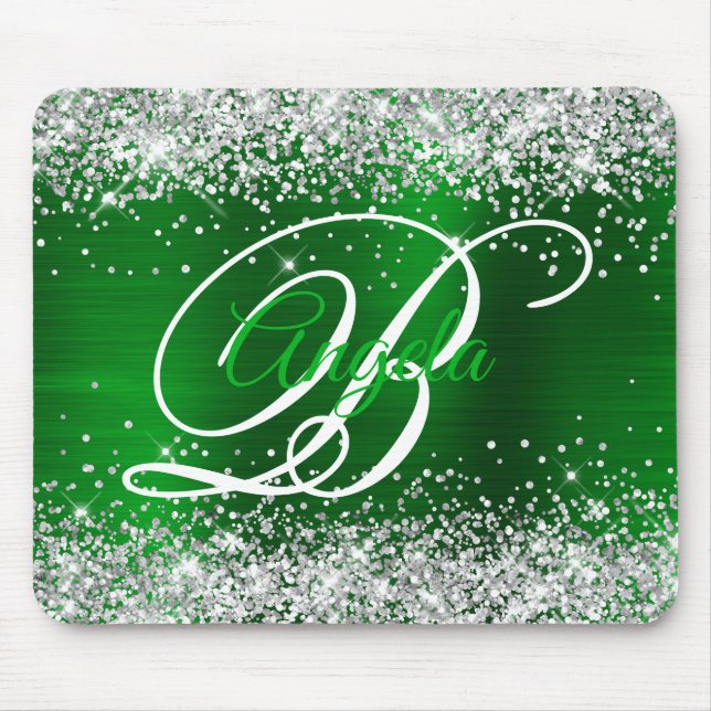 Silver Glitter Smaragdgrön Fancy Monogram Musmatta (Framsidan)