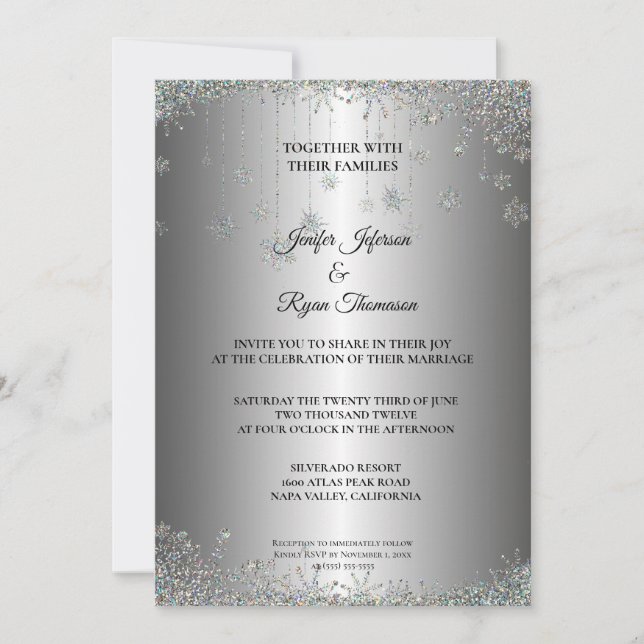 Silver glitter snöflingor bröllopsinbjudan inbjudningar (Framsida)