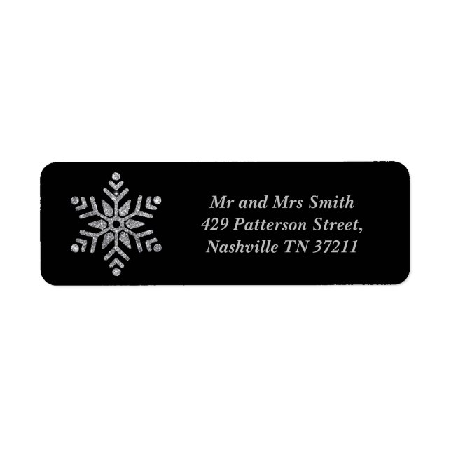 Silver Glitter Snowflake in Black Background Returadress Etikett (Framsidan)