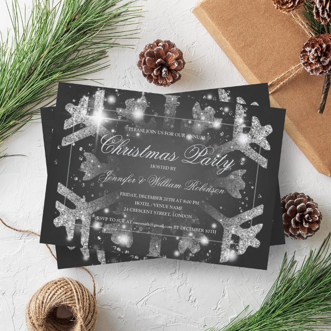 Silver Glitter Snowflake Julafton Julfest Black Inbjudningar (Silver Glitter Snowflake Xmas Holiday Party Black Invitation)