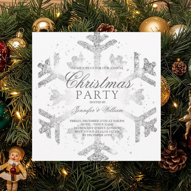 Silver Glitter Snowflake Julafton Julfest Inbjudningar (Silver Glitter Snowflake Xmas Holiday Party Invitation)
