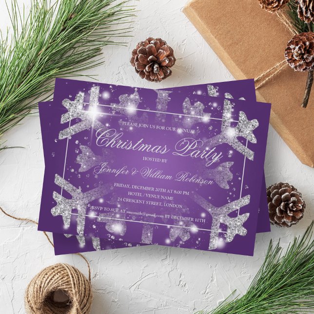 Silver Glitter Snowflake Julafton Julfest Lila Inbjudningar (Silver Glitter Snowflake Xmas Holiday Party Purple Invitation)