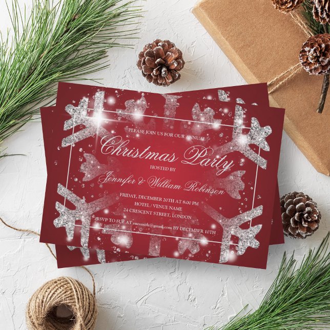 Silver Glitter Snowflake Julafton Julfest Red Inbjudningar (Silver Glitter Snowflake Xmas Holiday Party Red Invitation)