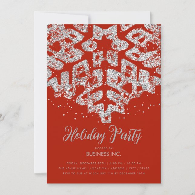 Silver Glitter Snowflake Julfest Red Inbjudningar (Framsida)
