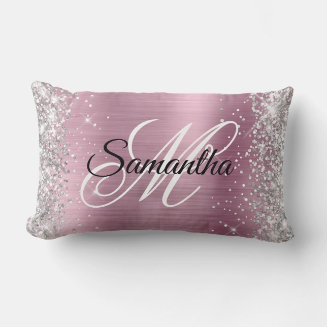Silver Glitter Söt Rosa Foil Monogram Lumbarkudde (Framsida)