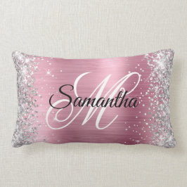 Silver Glitter Söt Rosa Foil Monogram Lumbarkudde