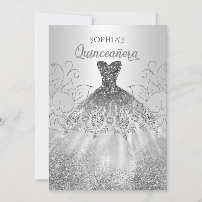 Silver Glitter Sparkle Klänning Quinceañera Quince Inbjudningar (Framsida)