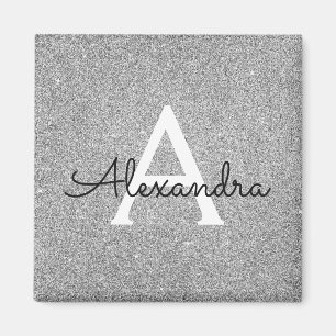 Silver Glitter & Sparkle Monogram Födelsedag Magnet