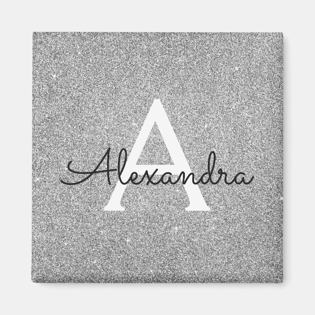 Silver Glitter & Sparkle Monogram Födelsedag Magnet (Framsidan)